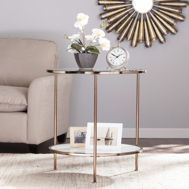 26" Gold Glass And Iron Round End Table With Shelf By Homeroots