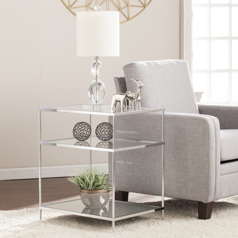 27" Chrome Glass And Iron Rectangular Mirrored End Table With Shelf By Homeroots