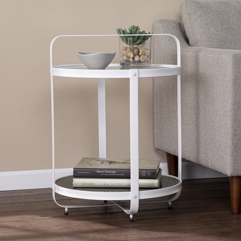27" White Glass And Iron Round End Table With Shelf By Homeroots