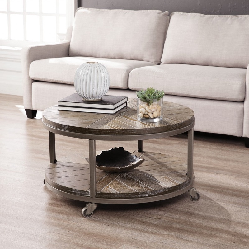 32" Brown Rustic and Distressed Round Two Tier Rolling Coffee Table By Homeroots