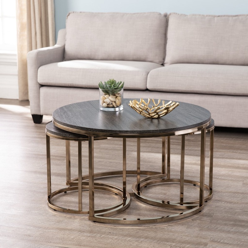 32" Champagne And Charcoal Manufactured Wood And Metal With Iron Round Coffee Table By Homeroots