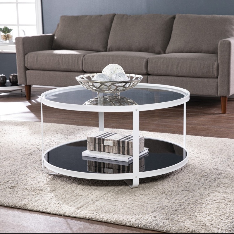 32" White Glass And Metal Two Tier Round Coffee Table By Homeroots