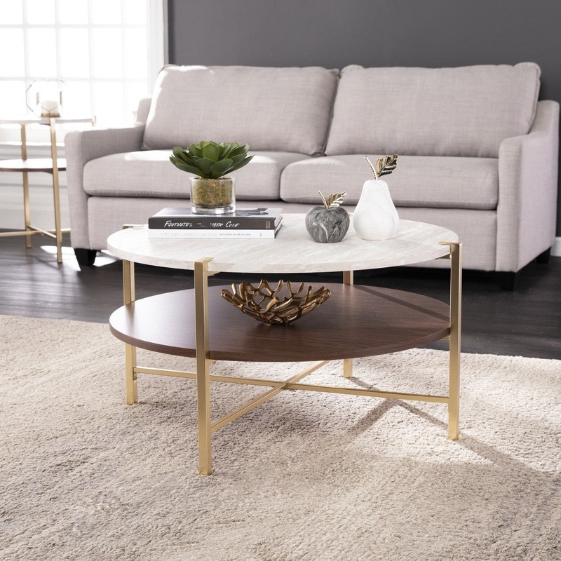 33" Brass Solid Manufactured Wood And Metal Round Coffee Table By Homeroots