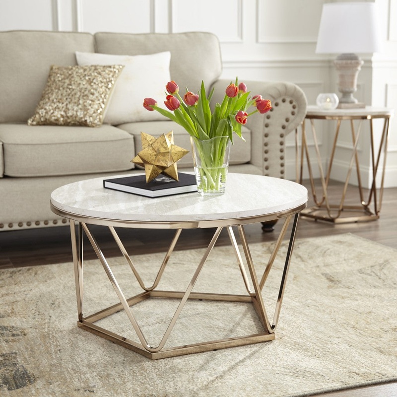 33" Champagne Solid Manufactured Wood And Metal Round Coffee Table By Homeroots
