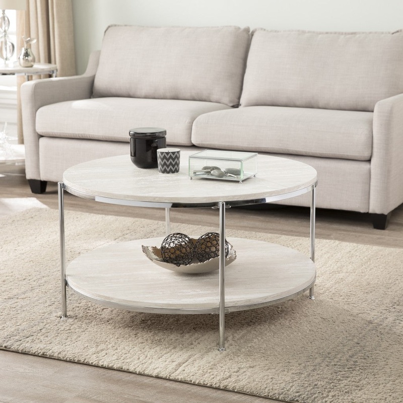 33" Chrome Faux Marble And Metal Round Coffee Table By Homeroots