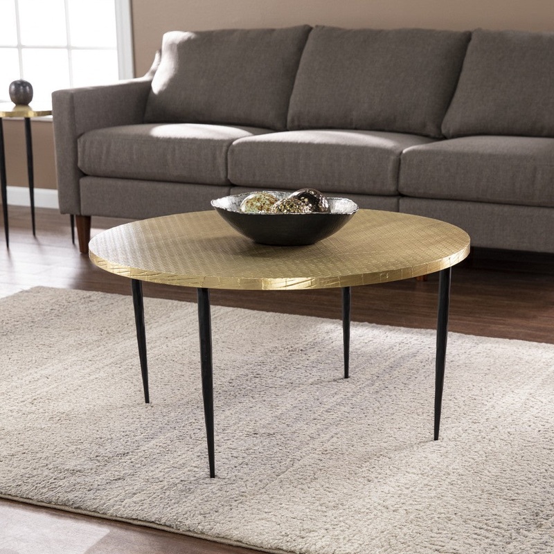 34" Black And Gold Embossed Metal Round Coffee Table By Homeroots
