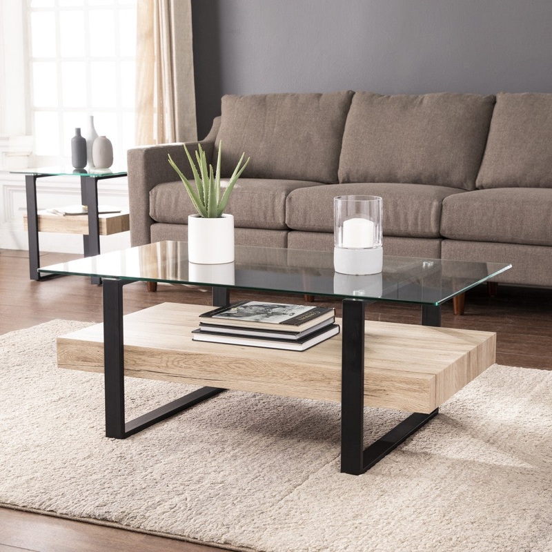 42" Natural And Natural Brown Glass And Metal Rectangular Coffee Table By Homeroots