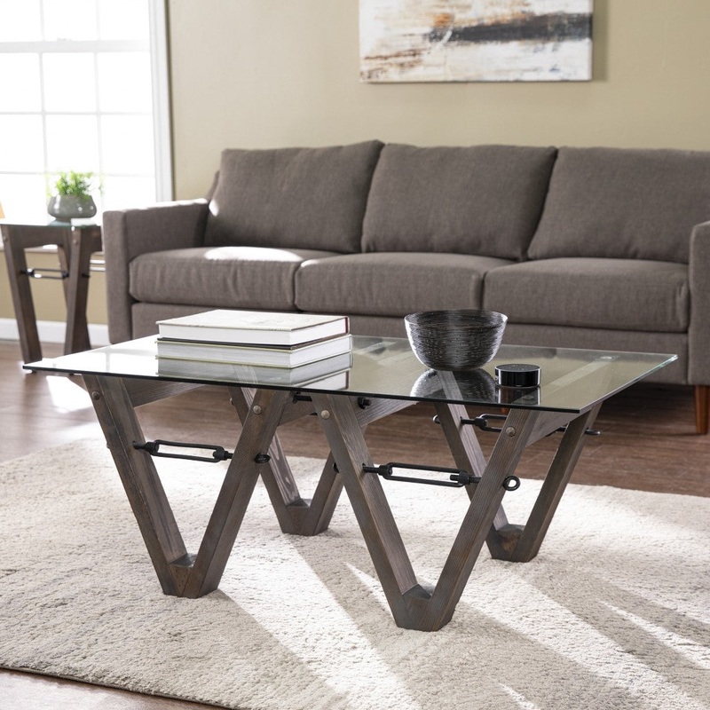 45" Brown Glass And Solid Wood Rectangular Coffee Table By Homeroots