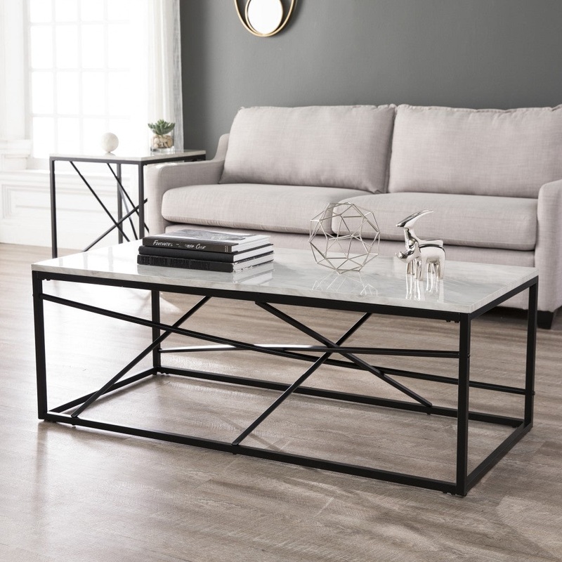 50" Black And White Faux Marble and Metal Geo Rectangular Coffee Table By Homeroots