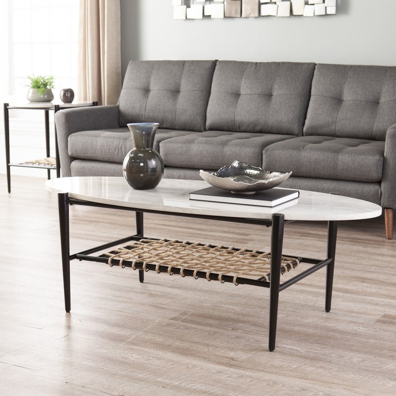 52" Black and White Metal and Faux Marble Boho Rope Oval Coffee Table By Homeroots