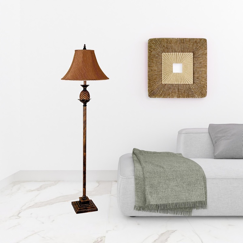 65" Antique Gold And Brown Traditional Pineapple Floor Lamp With Brown Bell Shade By Homeroots