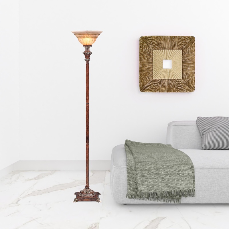 69" Brown Faux Wood Torchiere Floor Lamp With Brown Stained Glass Bell Shade By Homeroots