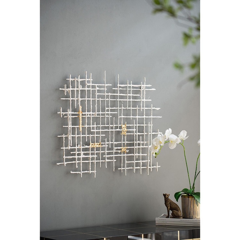 Contemporary Large White and Gold Geo Grid Wall Art By Homeroots