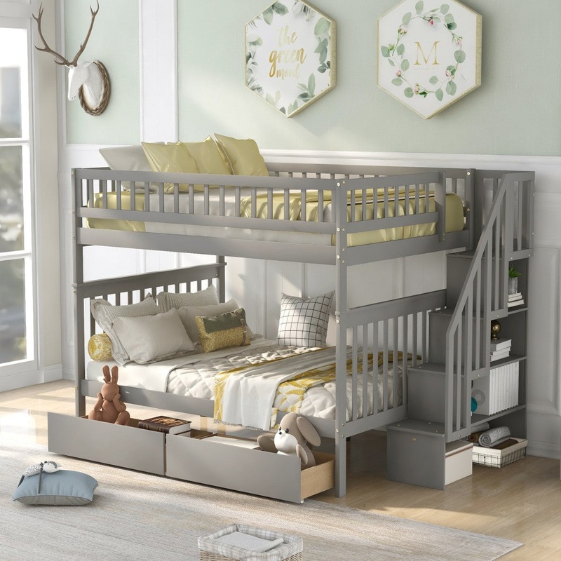 Gray Full Over Full Farmhouse Style Bunk Bed with Storage Staircase By Homeroots