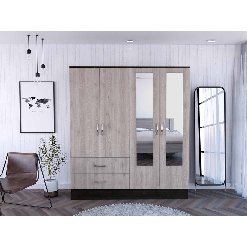 Light Oak and Black Four Door Wardrobe Closet with Mirrors By Homeroots