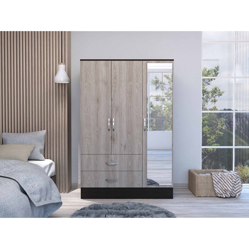 Light Oak and Black Three Door Wardrobe Closet with Mirror By Homeroots