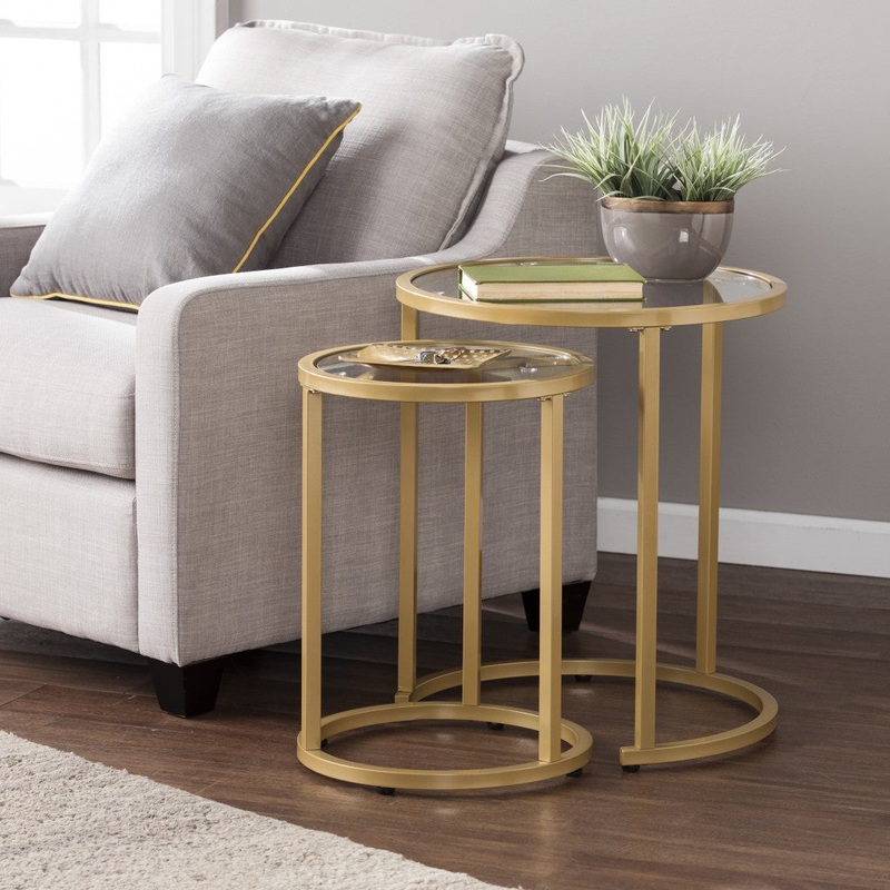 Set Of Two 23" Gold Glass And Steel Round Nested Tables By Homeroots