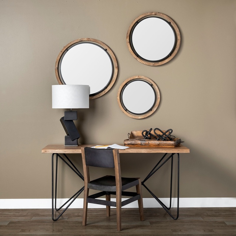 28" Brown Wood and Black Metal Double Frame Wall Mirror By Homeroots