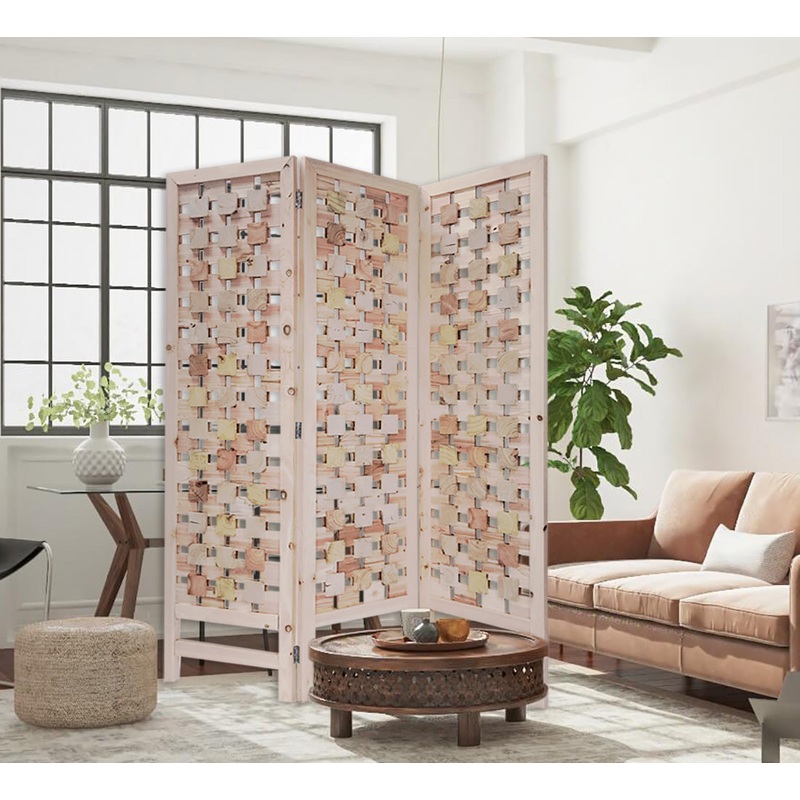 3 Panel Pink Room Divider with Cut Square Wood Design By Homeroots