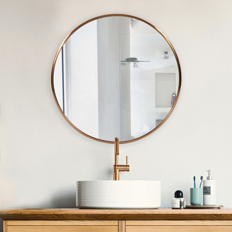 32" Antiqued Brushed Brass Round Wall Mirror By Homeroots