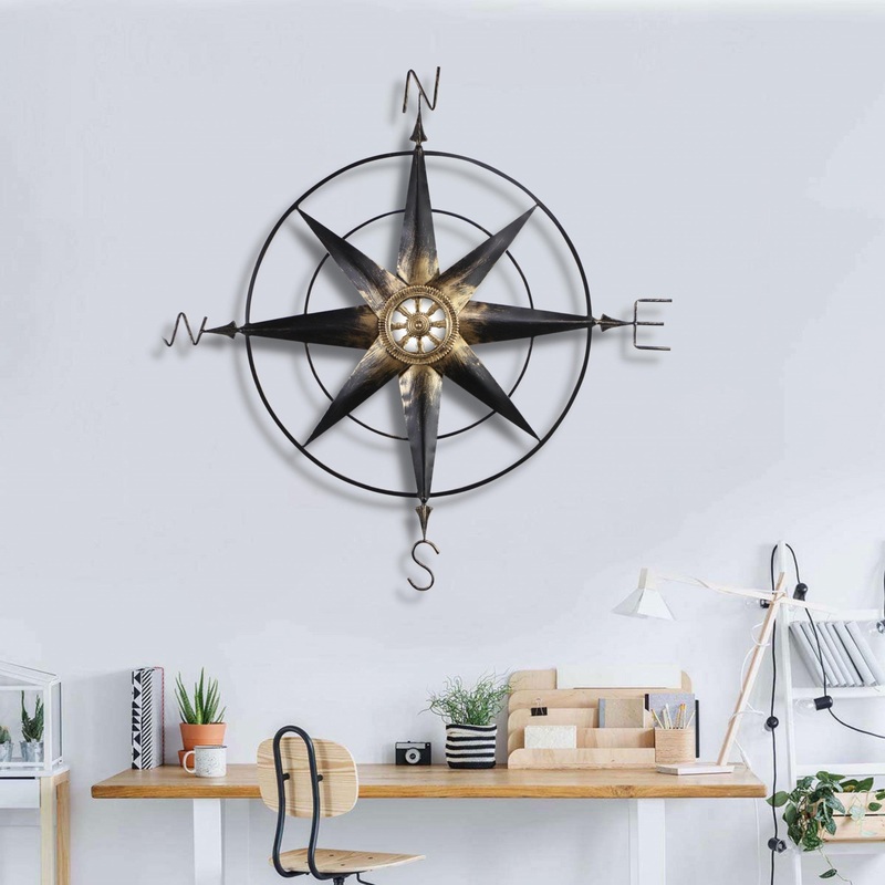 Black Metal Wall Decor Compass with Gold Center Accents By Homeroots