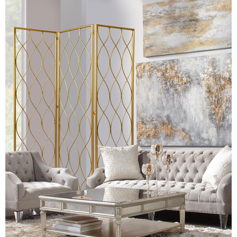 Golden Scroll Three Panel Room Divider Screen By Homeroots