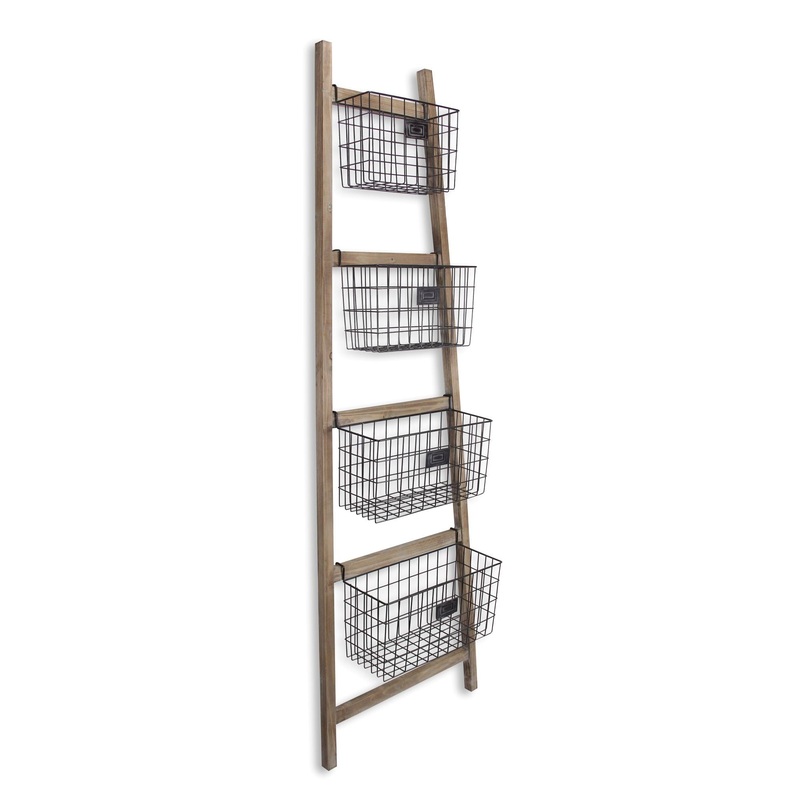 Wooden Ladder Storage Piece with 4 Baskets By Homeroots