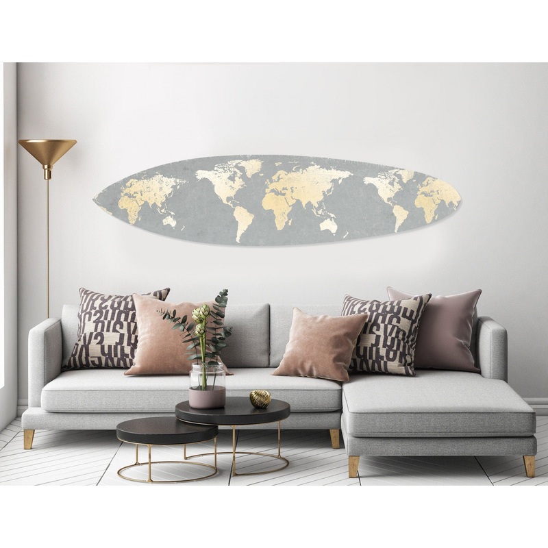 Grey and Gold World Map Surfboard Wall Art By Homeroots