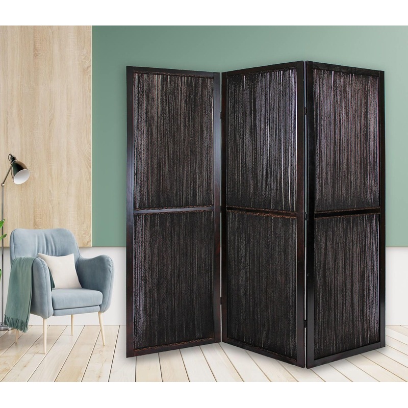 Dark Wood and Water Hyacinth 3 Panel Room Divider Screen By Homeroots