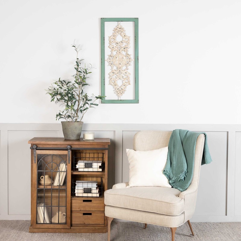 Distressed White and Turquoise Framed Scroll Metal Panel By Homeroots