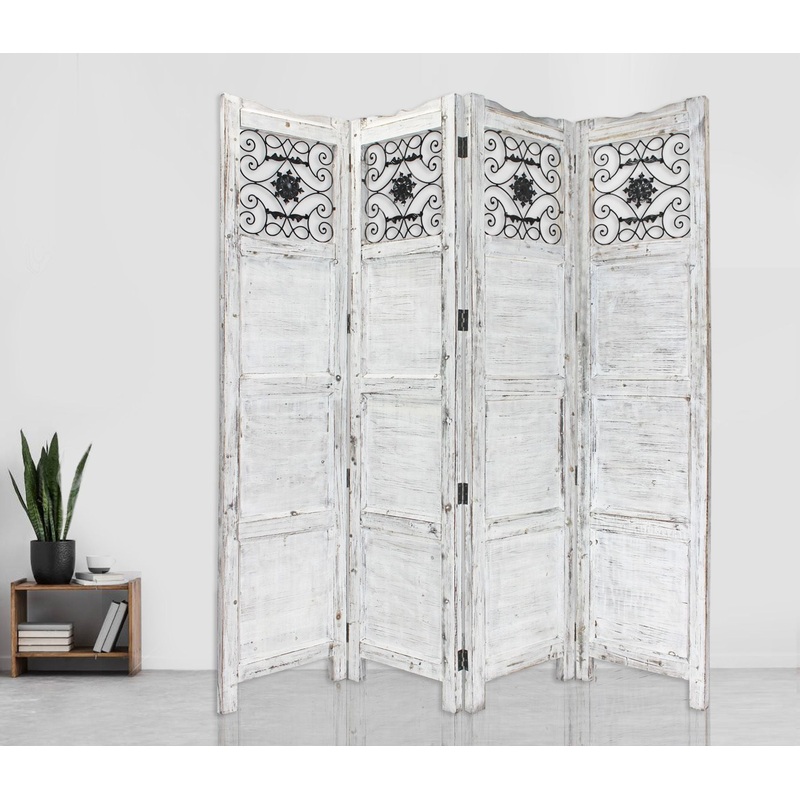 Gray Wash 4 Panel with Scroll Work Room Divider Screen By Homeroots