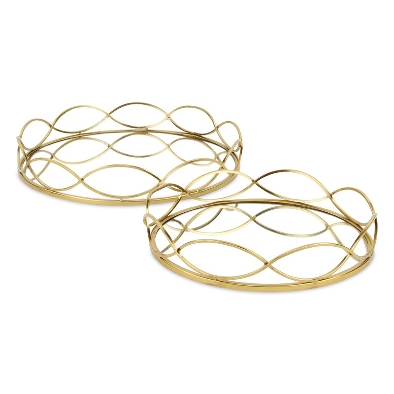 15" Gold Round Metal Handmade Tray With Handles By Homeroots