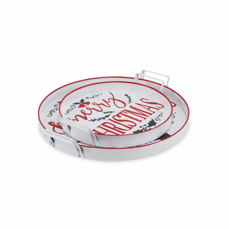 18" White Round Metal Christmas Handmade Tray With Handles By Homeroots