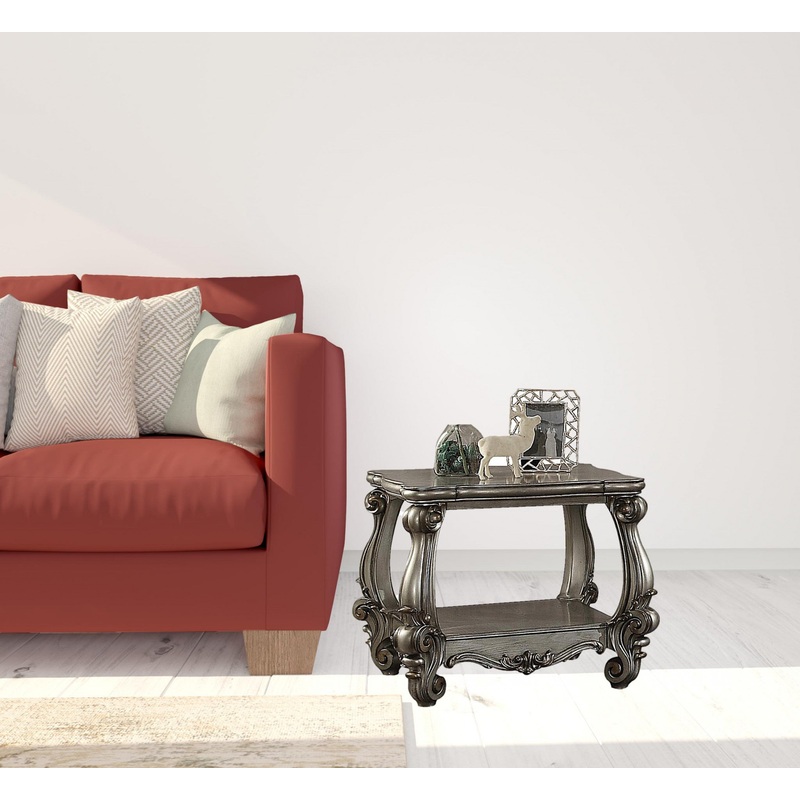 26" Antiqued Platinum Manufactured Wood And Polyresin Scroll Square End Table By Homeroots