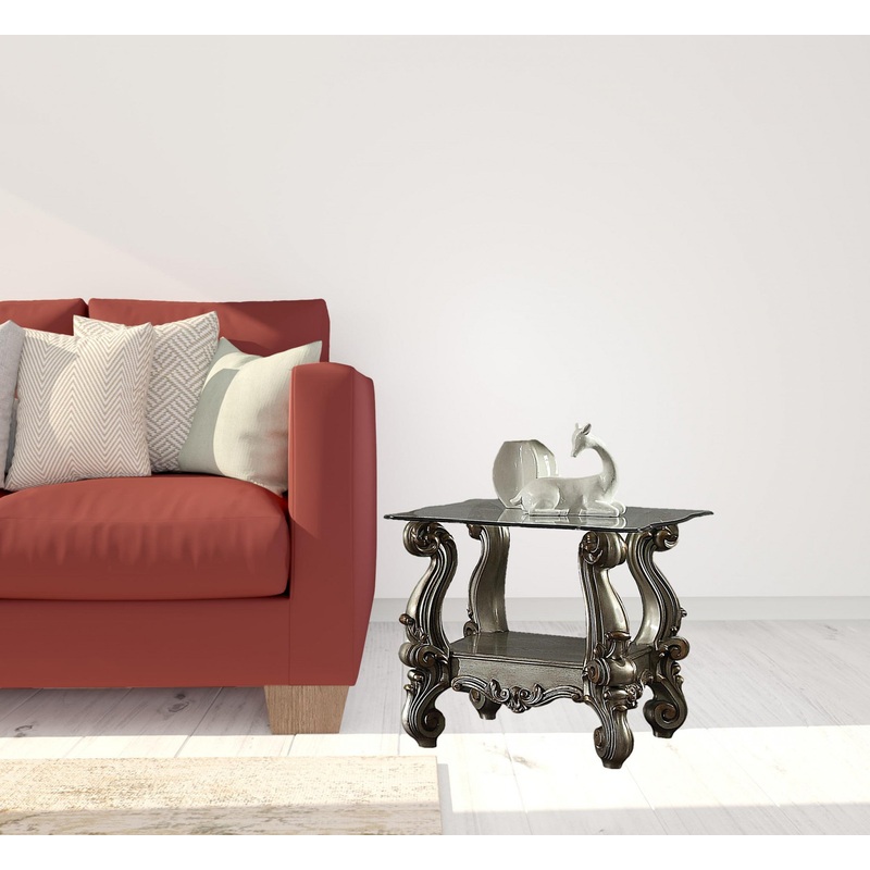 26" Antiqued Platinum Polyresin Scroll And Clear Glass Square End Table With Shelf By Homeroots