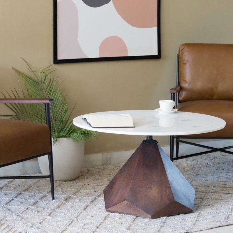 32" Brown And White Solid Wood and Marble Geo Coffee Table By Homeroots