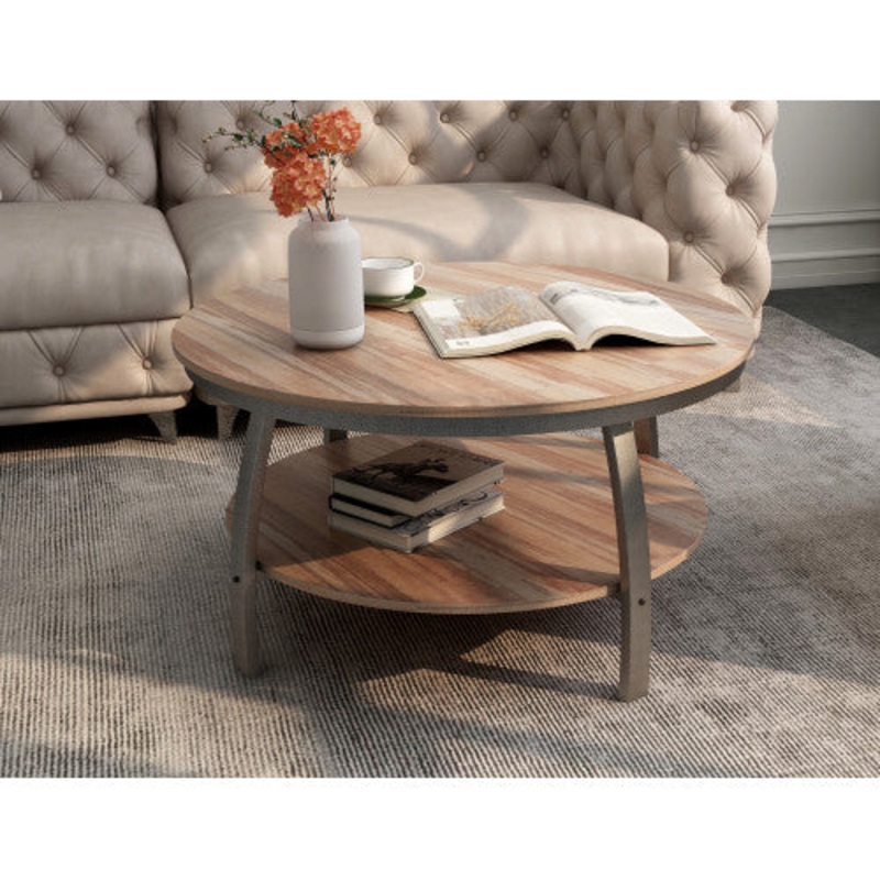 35" Two Tier Wood Grain Oak Manufactured Wood Round Coffee Table By Homeroots