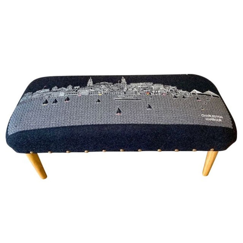 38" Black Breckenridge Nighttime Skyline Embroidered Ottoman By Homeroots