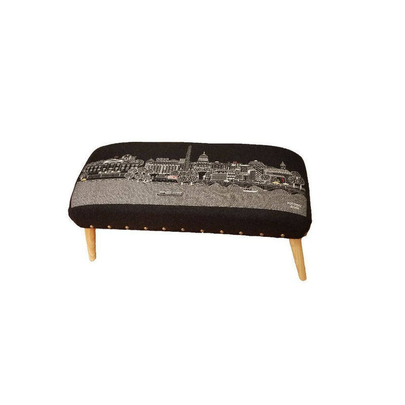 38" Black Washington DC Nighttime Skyline Embroidered Ottoman By Homeroots