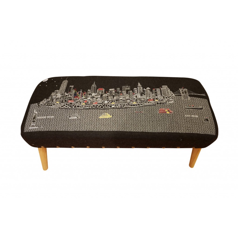 38" NYC Nighttime Skyline Embroidered Ottoman By Homeroots