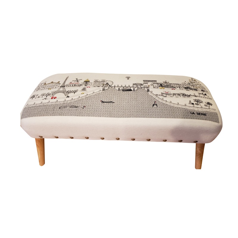 38" Paris Daylight Skyline Embroidered Ottoman By Homeroots