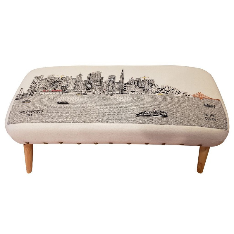 38" San Francisco Daylight Skyline Embroidered Ottoman By Homeroots