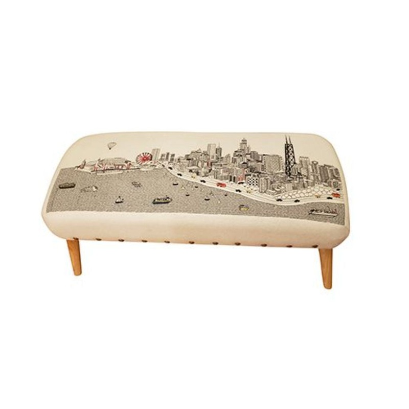 38" White Chicago Daylight Skyline Embroidered Ottoman By Homeroots