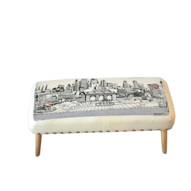38" White Kansas City Daylight Skyline Embroidered Ottoman By Homeroots
