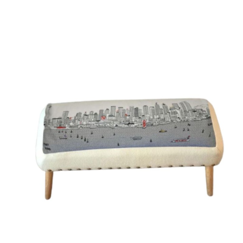 38" White Seattle Daylight Skyline Embroidered Ottoman By Homeroots