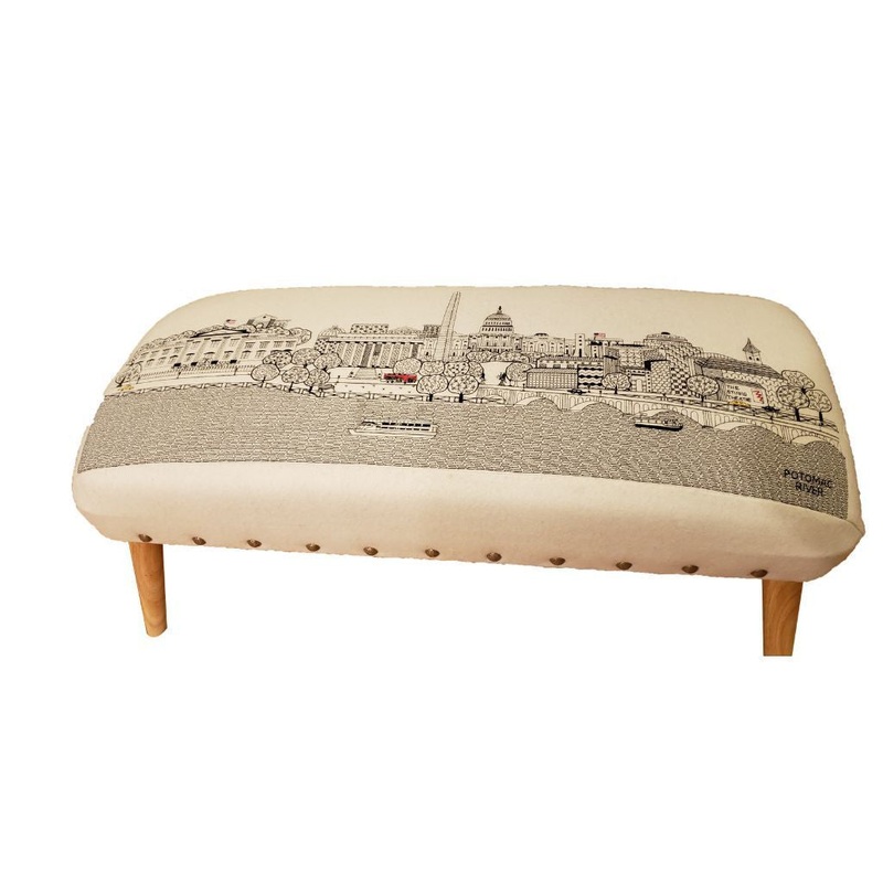 38" White Washington DC Daylight Skyline Embroidered Ottoman By Homeroots