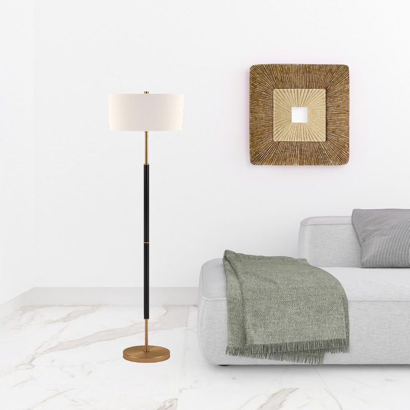 61" Black and Brass Two Light Floor Lamp With White Drum Shade By Homeroots