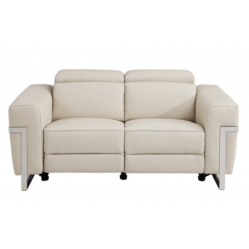 65" Beige Italian Leather with Chrome Accents Reclining Love Seat By Homeroots
