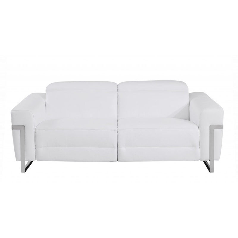 83" White Italian Leather with Chrome Accents Reclining Sofa By Homeroots