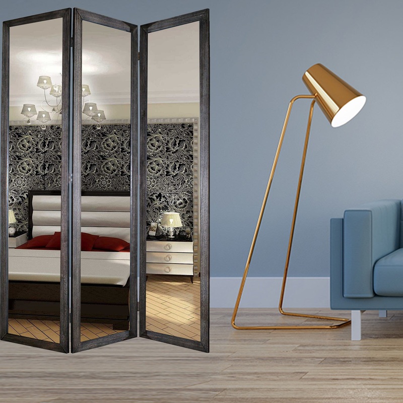 Black Glass & Wood Mirror Screen By Homeroots - 274676